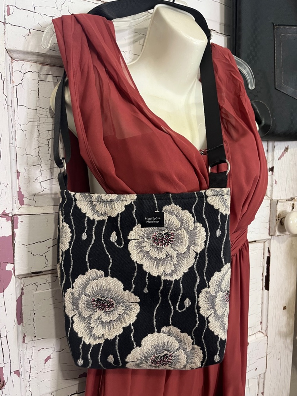 Madison Handbags Floral Jacquard Crossbody Bag in Black and Cream